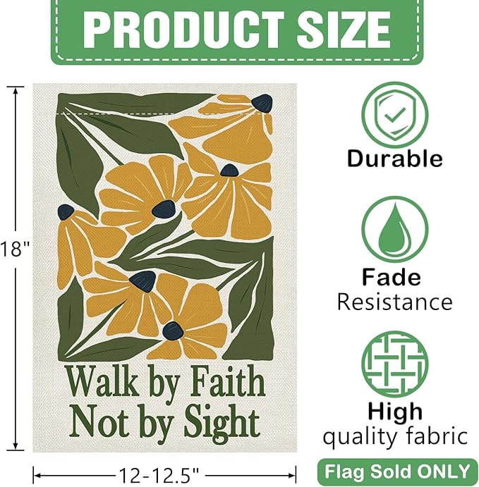 Dyrenson Inspirational Yellow Flower Decorative Garden Flag, Motivational Walk by Faith Not by Sight Floral Yard Outside Home Decoration, Spring Summer Burlap Outdoor Small Decor Double Sided 12 x 18