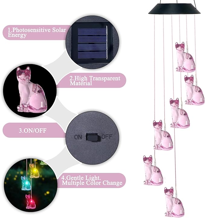Cat Solar Wind Chimes for Outside Colors Changing Waterproof Decorative Lights Gifts for Mom Solar Powered Mobile Hanging Wind Chime for Garden Patio Party Yard Window Indoor Outdoor Decor