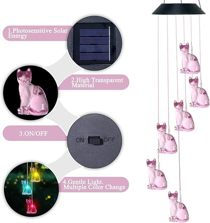 Cat Solar Wind Chimes for Outside Colors Changing Waterproof Decorative Lights Gifts for Mom Solar Powered Mobile Hanging Wind Chime for Garden Patio Party Yard Window Indoor Outdoor Decor