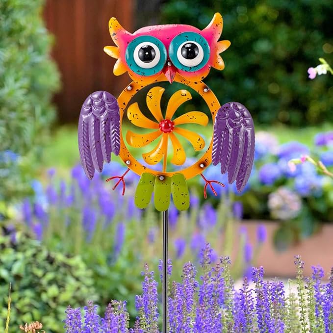 Oak & Lore Colorful Owl Wind Spinners Outdoor Metal Garden Wind Sculptures & Spinners with Stakes for Patio, Lawn, Backyard Outdoor Decor