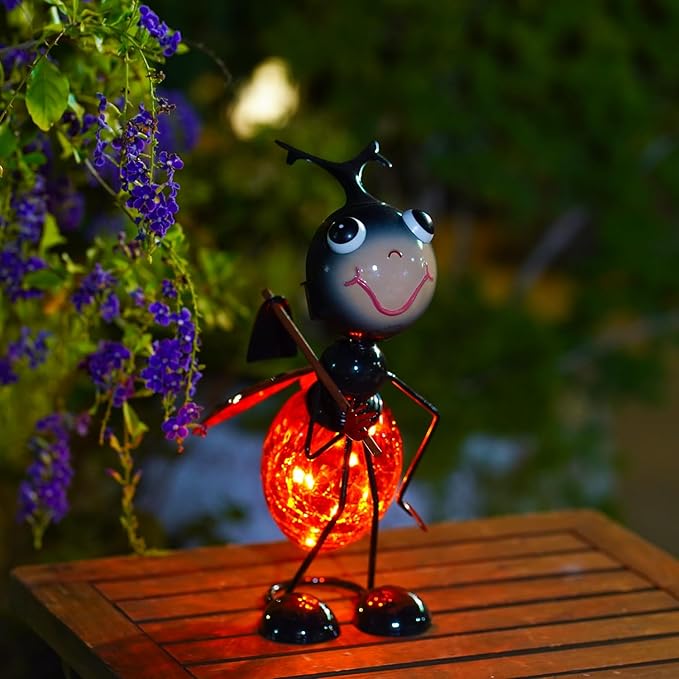 Solar Ladybug Lantern Outdoor Waterproof - Crackle Glass Globe LED Light, Cute Metal Bug Tabletop Lamp for Yard Patio Garden, Gift for Mom Women Grandma Housewarming