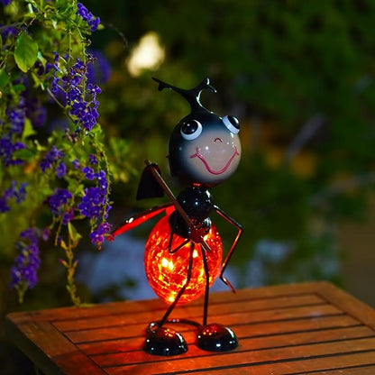 Solar Ladybug Lantern Outdoor Waterproof - Crackle Glass Globe LED Light, Cute Metal Bug Tabletop Lamp for Yard Patio Garden, Gift for Mom Women Grandma Housewarming