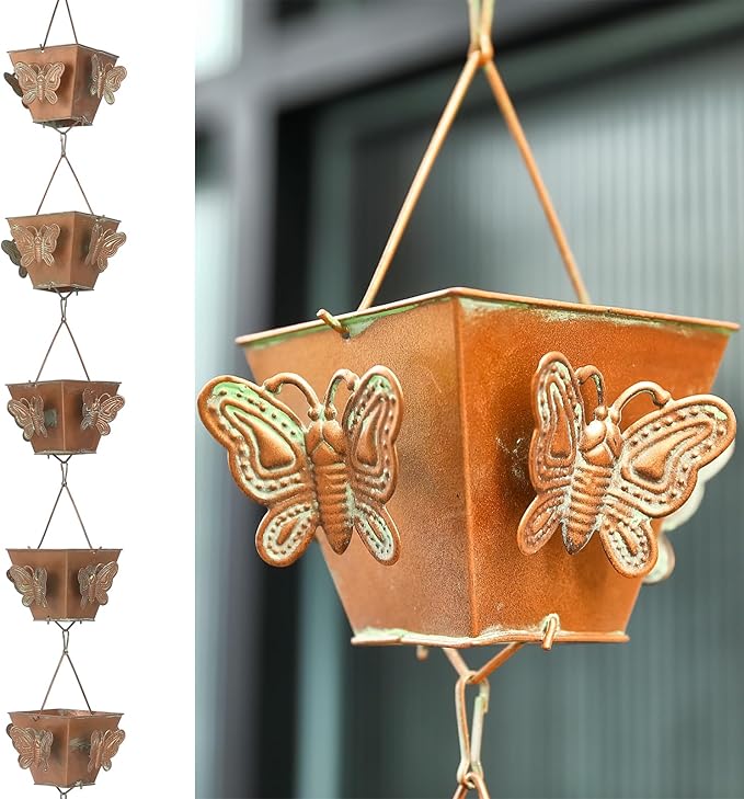 8.5 FT Golden Rain Chain with Butterfly Design - Decorative Downspout Alternative, Rustproof & Heavy Duty for Outdoor Water Drainage - Easy to Install, Prevents Splashing (Butterfly Cup Design)