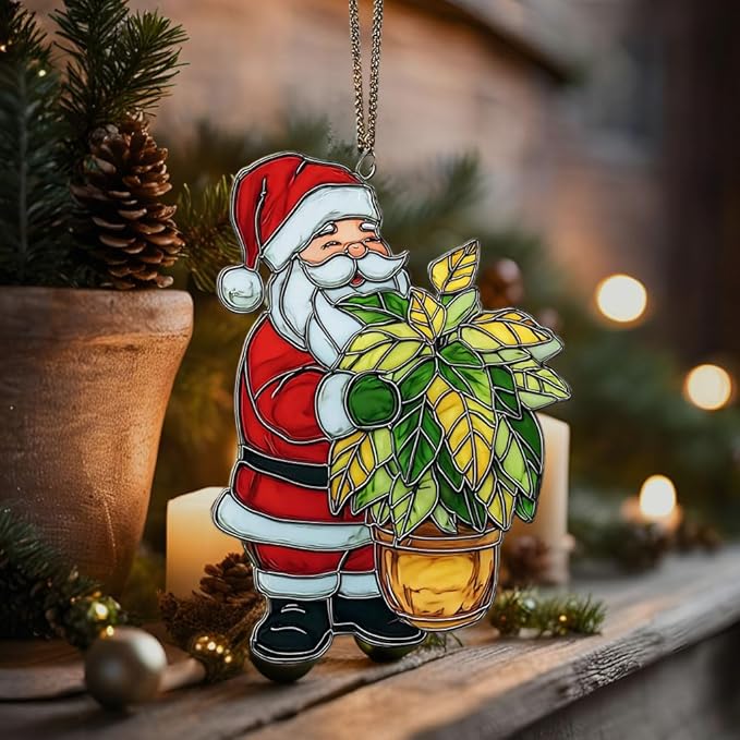 Happy Santa Holding Plant Pot Acrylic Suncatcher Stained Glass Effect Window Car Hanging Christmas Ornament Indoor Outdoor Decor Garden Sun Catcher Panel for Women Mom Grandma