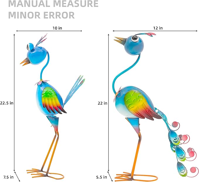22.5" Metal Peacock Garden Statues Set of 2, Whimsical Hand-Painted Cartoon Birds, Blue & Rainbow Yard Art for Patio Lawn, Indoor Shelf Decor, Unique Gift for Women