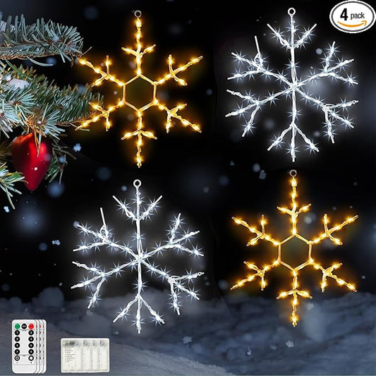 Tuanse 4 Pcs Christmas Silhouette Window Lights Christmas Snowflake Lights with Remote Control LED Lighted Snowflake Decorations Xmas for Window Wall (Warm White and White)