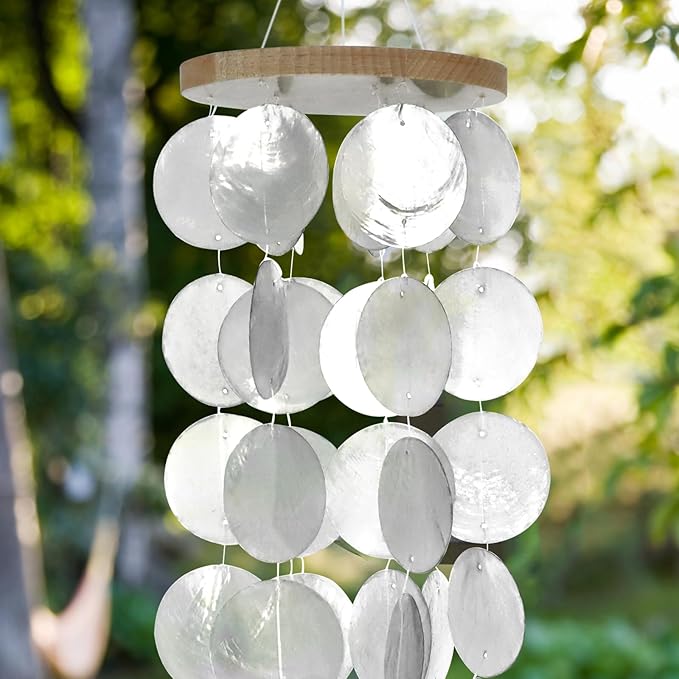 Capiz Shell Wind Chime for Outside 28” Sea Glass Wind Chime Ocean/Beach Themed Chime Gift for Women Mother’s Day Decoration White.