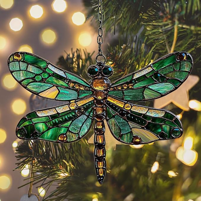 Emerald Faux Mosaic Dragonfly Acrylic Suncatcher Stained Glass Effect Window Car Hanging Christmas Ornament Indoor Outdoor Decor Garden Sun Catcher Panel for Dragonfly Lover for Women Mom Grandma