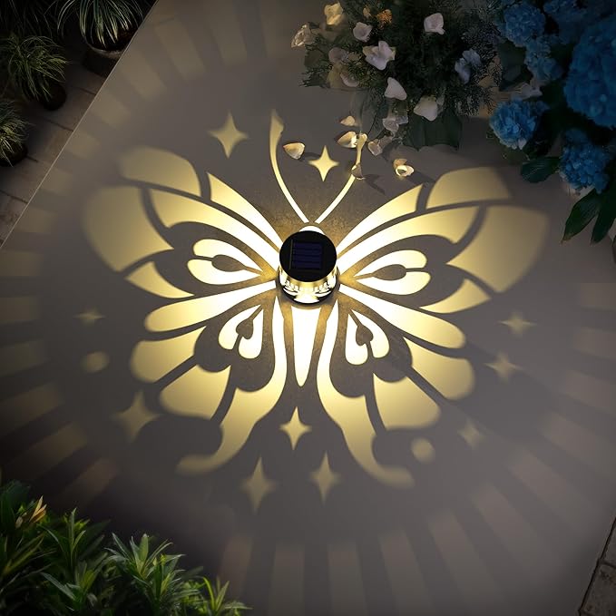 Hapjoy Solar Fence Lights 4 Pack Solar Deck Lamps Outdoor Decorations Powered Step Lights Wall Waterproof LED Warm Decorative Lighting for Garden (Butterfly-Star, 4)
