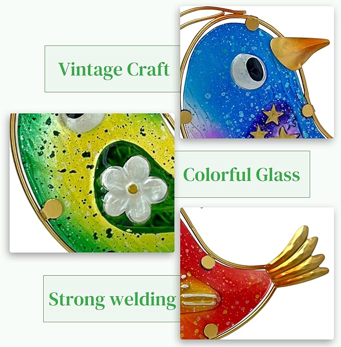 HONGLAND Garden Decor, Set of 3 Funny Metal & Glass Bird Statues for Indoor Outdoor, Colorful Yard Art with Hand-Painted Glass, Gift for Home Garden Decorations