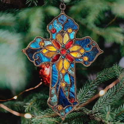 Mosaic Style Christian Cross Tiffany Effect Acrylic Suncatcher Stained Glass Effect Window Car Hanging Christmas Ornament Indoor Outdoor Decor Garden Sun Catcher Panel for Women Mom Grandma