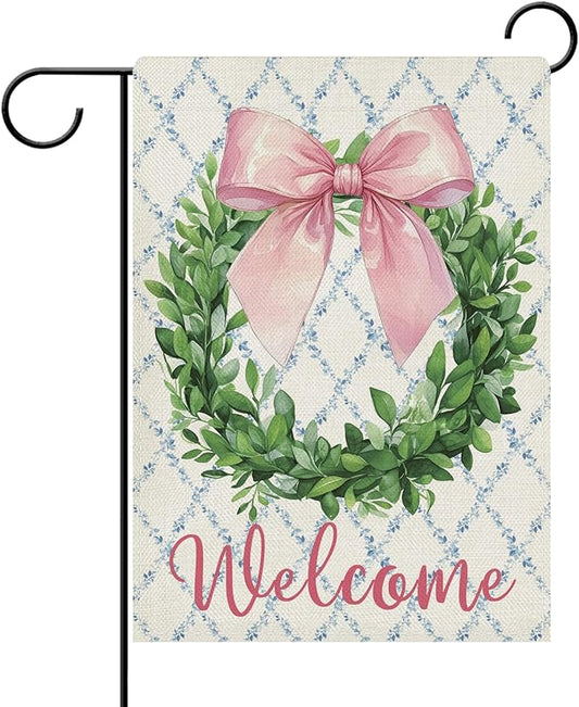 Dyrenson Welcome Pink Bow Wreath Decorative Garden Flag, Coquette Ribbon Eucalyptus Leaves Yard Outside Home Decoration, Botanical Floral Burlap Outdoor Small Decor Double Sided 12 x 18