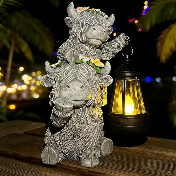 Solar Garden Outdoor Statues Lantern Figurines Light Decorations for Outdoor Patio Balcony Yard Lawn, Ideal Gifts for Mom Friends (Cement Gray- Cow)