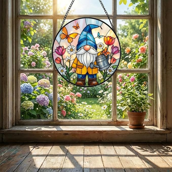 Gnome Stained Glass Suncather for Window Hanging with Flowers & Butterflies, 6.3'' Garden Gnome Gift for Women, Whimsical Wall Art Home Decor Gift for Mom, Grandma (Colorful Garden, 6.3'')