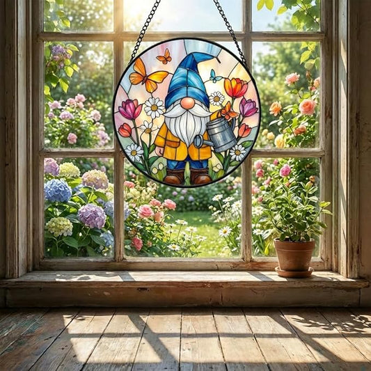Gnome Stained Glass Suncather for Window Hanging with Flowers & Butterflies, 6.3'' Garden Gnome Gift for Women, Whimsical Wall Art Home Decor Gift for Mom, Grandma (Colorful Garden, 6.3'')