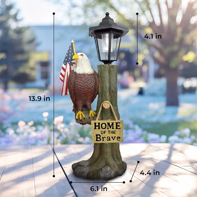 GENANY Bald Eagle Outdoor Solar Statue 14x6 Inch, Garden Decoration Outdoor Waterproof, Eagle Statue with American Flag for Patios, Yards and Gardens
