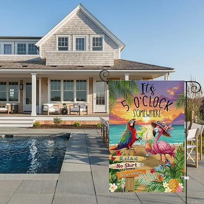Baccessor Summer Garden Flag 12.5 x 18 Inch, Flamingo Its 5 O'Clock SOMEWHERE Double Sided Burlap Welcome Small Yard Flag Seasonal Holiday Lawn Proch Outdoor Outside Decor