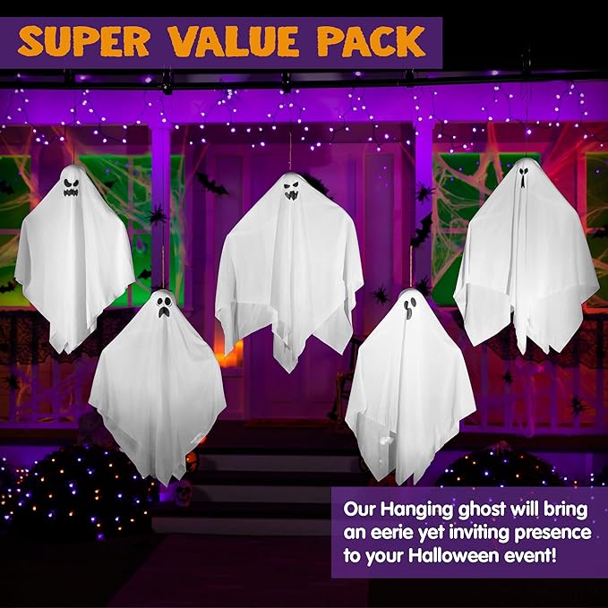 JOYIN 27.5" Halloween Hanging Ghosts Outdoor Decoration(5 Pack), Cute Flying Ghost for Halloween Front Yard Patio Lawn Garden Party Décor and Holiday Hanging Decorations