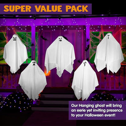 JOYIN 27.5" Halloween Hanging Ghosts Outdoor Decoration(5 Pack), Cute Flying Ghost for Halloween Front Yard Patio Lawn Garden Party Décor and Holiday Hanging Decorations
