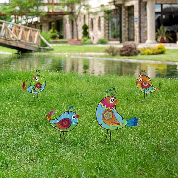 4 Pack Bird Garden Decor for Outside, Glass & Metal Yard Art Decoration for Porch Patio, Garden Statues Sculpture Gifts for Grandma Mom Women (Colorful)