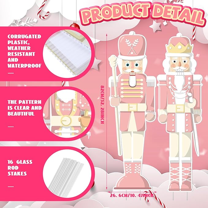 Geetery 4 Pcs Large Nutcracker Yard Sign with 16 Stakes 32 Inch Christmas Yard Decorations Outdoor Holiday Nutcracker Xmas Outside Lawn Decor for Garden Pathway Party(Pink,Cute)