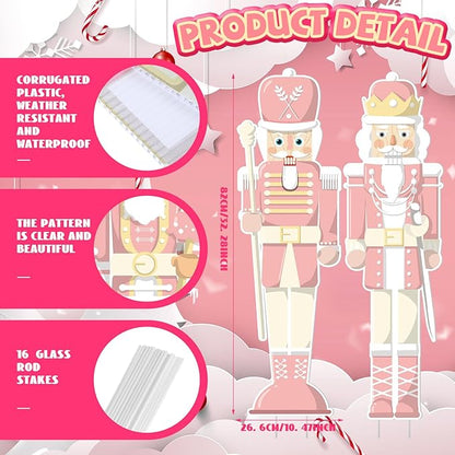 Geetery 4 Pcs Large Nutcracker Yard Sign with 16 Stakes 32 Inch Christmas Yard Decorations Outdoor Holiday Nutcracker Xmas Outside Lawn Decor for Garden Pathway Party(Pink,Cute)