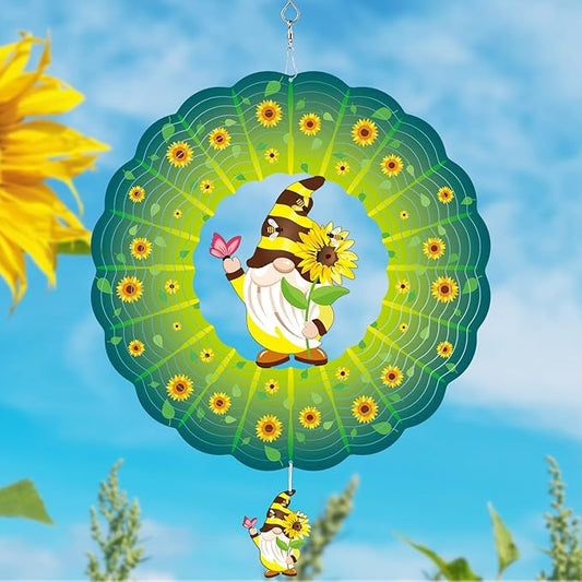 Sunflower Gnome Wind Spinners for Yard and Garden,12 Inch 3D Stainless Steel Hanging Kinetic Yard Art Wind Sculpture, Kinetic Art Garden Decor for Christmas Outdoor & Indoor