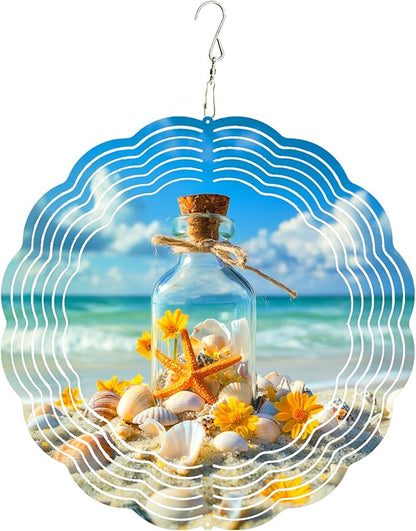 10x10 Inch Wind Spinner Outdoor Hanging Beach Bottle Shell Starfish Metal Kinetic Spiral Ornament for Yard Garden Patio Porch Balcony Tree Window Decor Gift