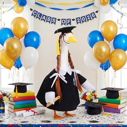 Abbylike Graduation Porch Goose Outfits Graduation Cap with Gold Tassel and Wig Yard Goose Costume Clothes Fits Large 23'' Cement for Garden Yard Statue Lawn Pathway Decorations