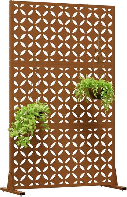Metal Privacy Screen 72" H x 44" W, Outdoor Freestanding Privacy Screens, Patio Metal Fence Panels with Stand, Brown Screens for Outside Deck Balcony Garden and Indoor