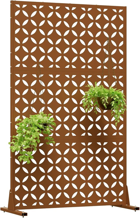 Metal Privacy Screen 72" H x 44" W, Outdoor Freestanding Privacy Screens, Patio Metal Fence Panels with Stand, Brown Screens for Outside Deck Balcony Garden and Indoor