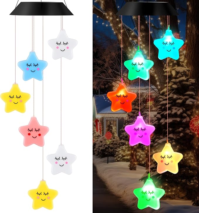 GlikCeil Star Solar Wind Chimes 27.5inch Outside Waterproof Hanging LED for Yard, Porch, Patio, Pajama Party, Color Changing Lights(Sleeping Star)