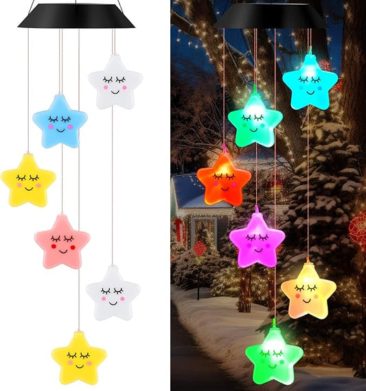 GlikCeil Star Solar Wind Chimes 27.5inch Outside Waterproof Hanging LED for Yard, Porch, Patio, Pajama Party, Color Changing Lights(Sleeping Star)