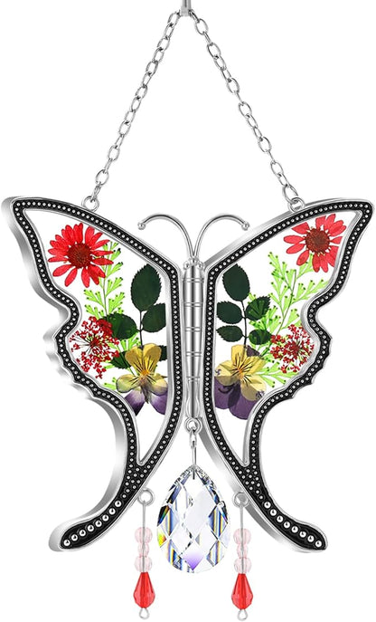 KY&BOSAM Butterfly Suncatcher Gifts for Mom Stained Glass Butterfly for Windows Hangings Wind Chime Ornament Pressed Rearl Flower Wings and Crystal Charm Birthday Gift for Mom Mother`s Day Christmas