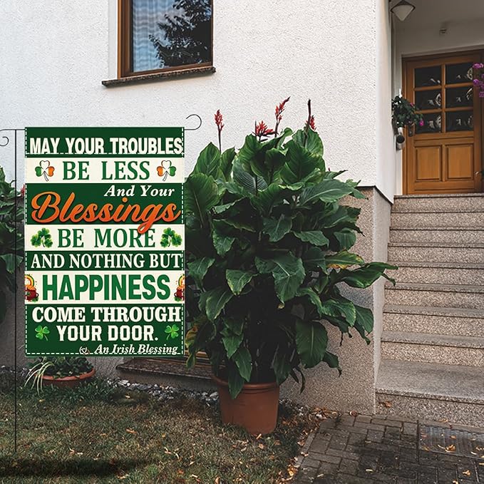 St Patricks Day Irish Blessing Garden Flag Lucky Shamrock Irish March Garden Flag Happy St Patricks Day Double Sided Outdoor House Flag for Outside Yard Decorations 12×18 Inch