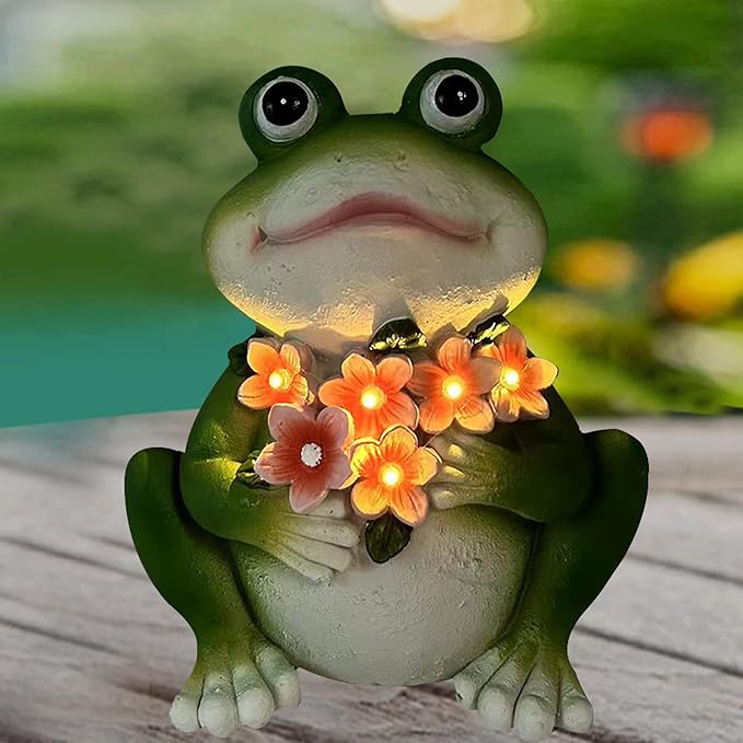 Solar Frog Garden Decor - Resin Frog Statues for Outside, Patio, Yard, Lawn, Gardening Gifts for Women, Outdoor Decorations