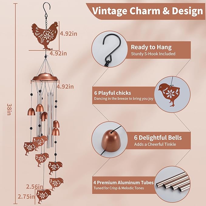 Chicken Wind Chimes Outdoor, Metal Hen and Chicks Gifts for Women Mom Grandma, Unique Garden Patio Yard Decor Windchime