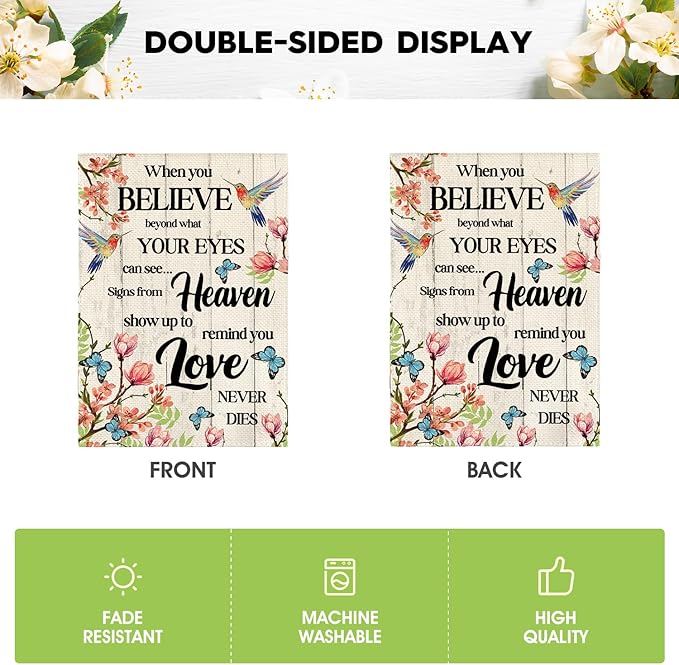 AVOIN colorlife Hummingbird Memorial Garden Flag 12x18 Inch Double Sided Outside, Love Never Dies Memorial Day Gravesite Saying Spring Yard Outdoor Decoration