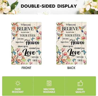 AVOIN colorlife Hummingbird Memorial Garden Flag 12x18 Inch Double Sided Outside, Love Never Dies Memorial Day Gravesite Saying Spring Yard Outdoor Decoration