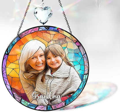VINATIMES Personalized Grandma Stained Glass Suncatcher, Photo Family Faux Stained Glass Window Hanging Ornament, Custom Grandparent Day 2025 Gifts for Grandma, Birthday Gift for Dad, Grandpa
