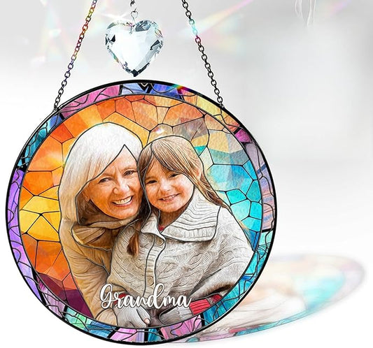 VINATIMES Personalized Grandma Stained Glass Suncatcher, Photo Family Faux Stained Glass Window Hanging Ornament, Custom Grandparent Day 2025 Gifts for Grandma, Birthday Gift for Dad, Grandpa