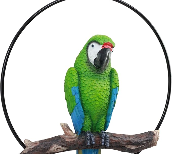 Ebros Patio Home Garden Hanging Scarlet Macaw Parrot Perching on Branch in Metal Round Ring Figurine Sculpture Nature Lovers Tropical Bird Collectors Decor 13.5" H (Green)