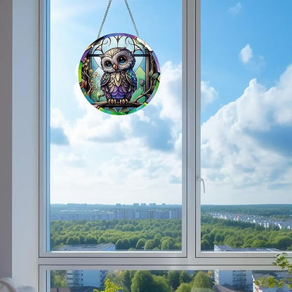 Owl Acrylic Window Hanging,Stained Window Hanging Decor Colorful Ornament,Stained Two-Sided Panel Hangings Decoration,Acrylic Suncatcher for Garden Kitchen Living Room