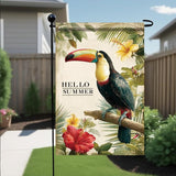 Hello Summer Garden Flag Tropical Toucan Bird Floral Leaves Outdoor Yard Porch Lawn Garden Decor for Beach Patio Cottage Farmhouse Seasonal Summer Home Display