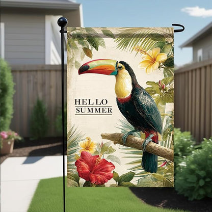 Hello Summer Garden Flag Tropical Toucan Bird Floral Leaves Outdoor Yard Porch Lawn Garden Decor for Beach Patio Cottage Farmhouse Seasonal Summer Home Display