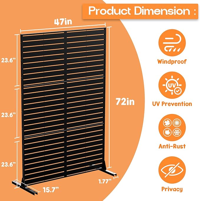 MTART Metal Privacy Screen 72" H x 47.2" Decorative Outdoor Privacy Screen Privacy Panel with Stand for Balcony Deck Patio Lawn Garden, Privacy Fence (Black-Louvered)