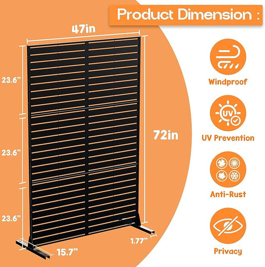 MTART Metal Privacy Screen 72" H x 47.2" Decorative Outdoor Privacy Screen Privacy Panel with Stand for Balcony Deck Patio Lawn Garden, Privacy Fence (Black-Louvered)