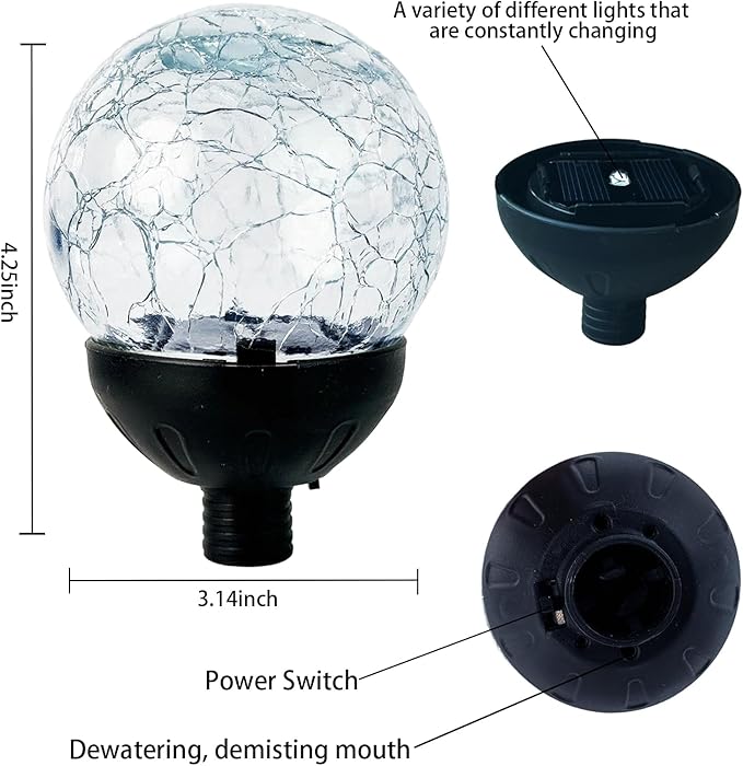 NUENUN Solar Globe Lights Cracked Glass Ball,Garden Decor Outdoor Waterproof,Globe Lighting for Tequila Sculpture Metal Agave Plant Home Decor Balcony Backyard