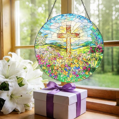 Cross and Wildflower Stained Glass Suncatcher, Christian Cross Window Hanging Decor, Religious Faith Gift, Garden Sun Catchers Hanging Wall Art 8 inch