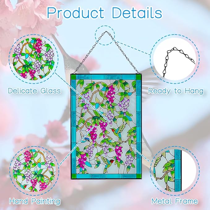 Viveta Hummingbird Stained Glass Window Hanging, Window Suncatchers with Chain, Bird and Flowers Stained Glass Panels for Windows Home Wall Art Decor(Rectangular 15 * 10")
